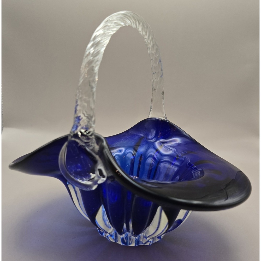 Vintage Cobalt Blue Hand Blown Basket With Twisted Glass Handle B#26